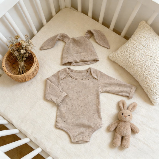 Beige-Cream Cotton Baby Bodysuit Set