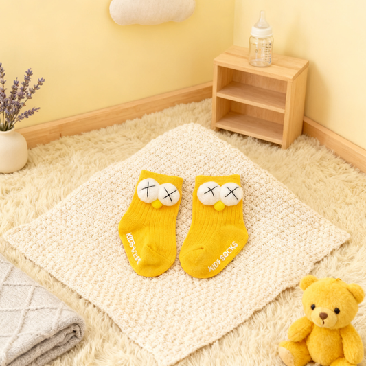 Yellow baby socks with cartoon face design on a textured blanket in a nursery setting.