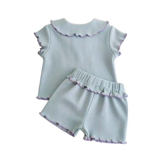 Blue-Lilac Ruffle-Collar Baby Outfit Set