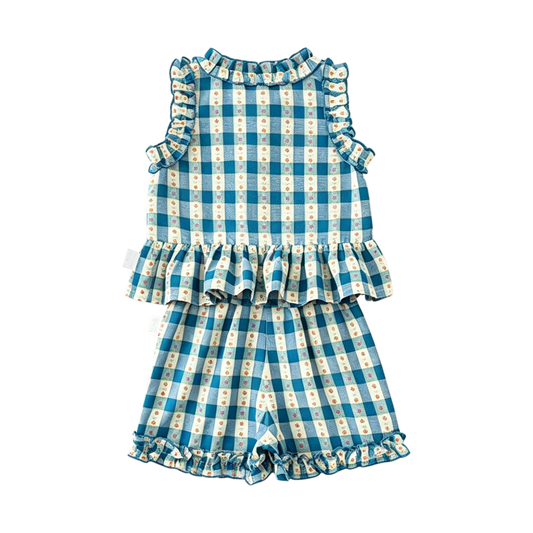 Blue Vintage Gingham Baby Top and Shorts Set