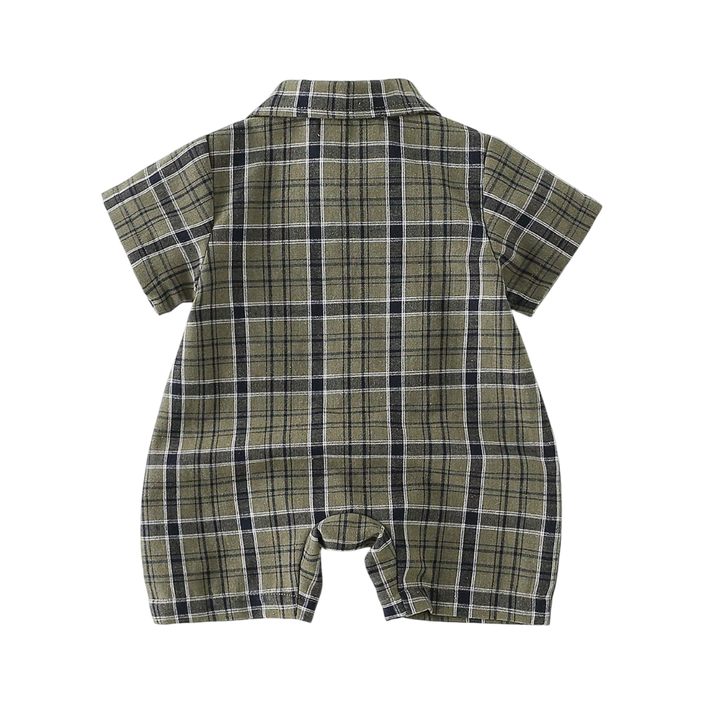 Army Green Gingham Bear Short-Sleeve Baby Outfit