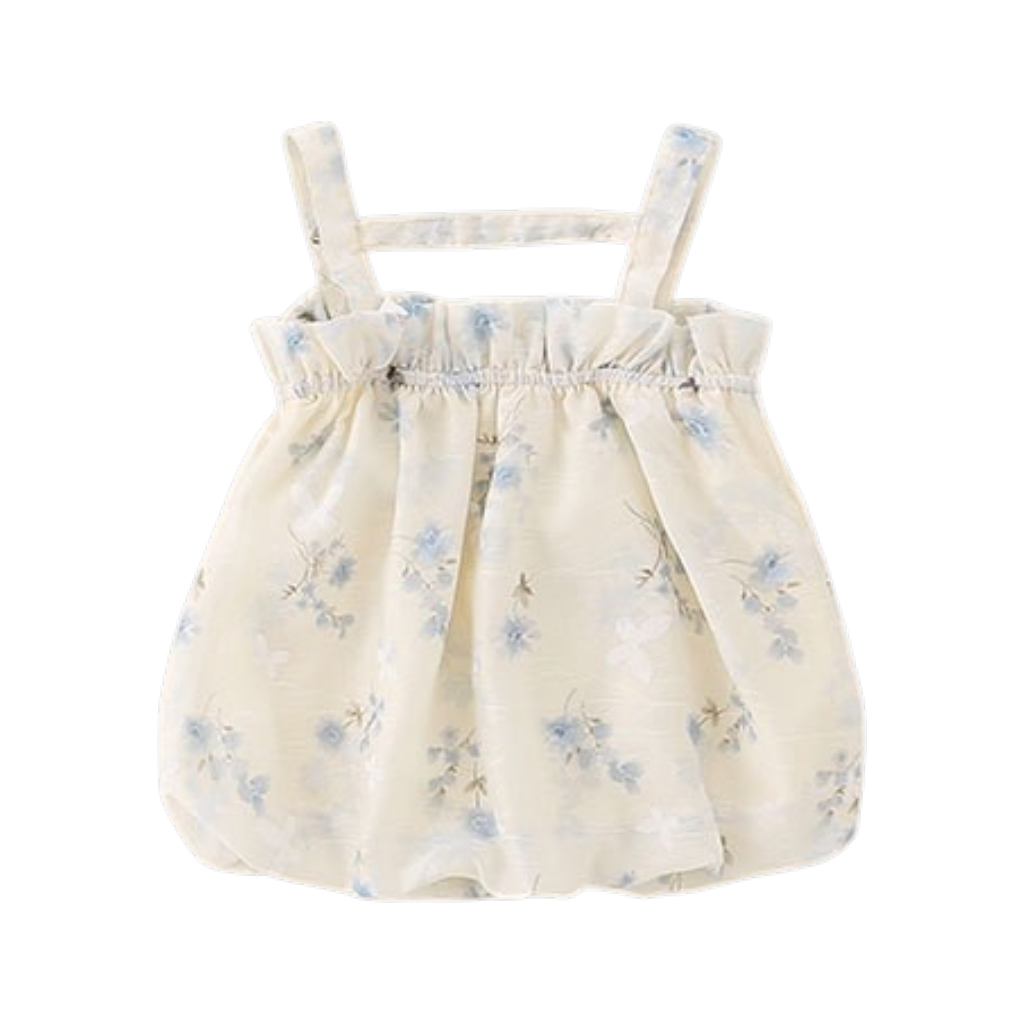 Cream Blue-Floral Bow Baby Dress