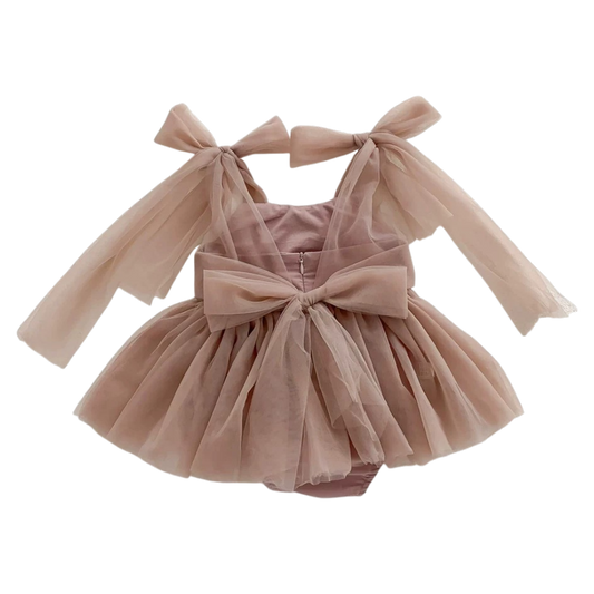 Dusty Pink Tulle Bow Baby Bodysuit Dress
