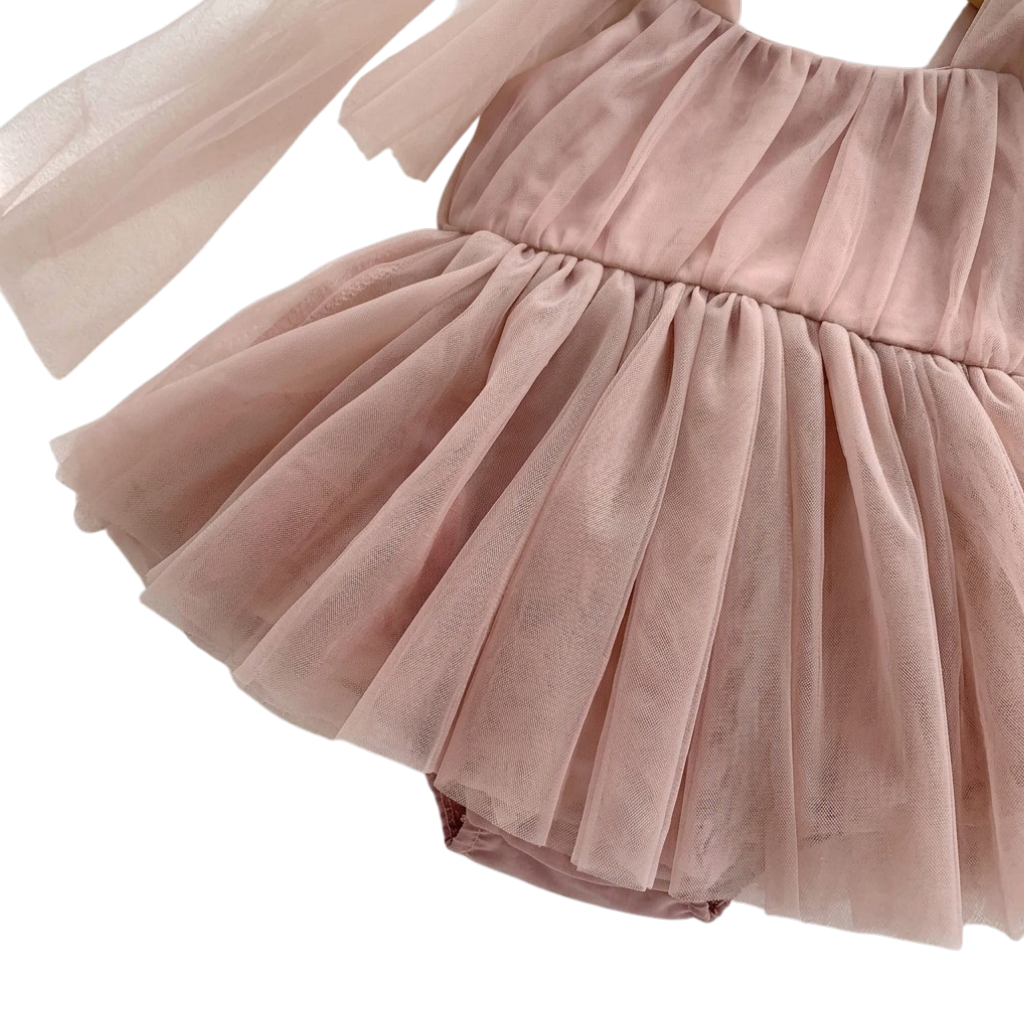 Dusty Pink Tulle Bow Baby Bodysuit Dress