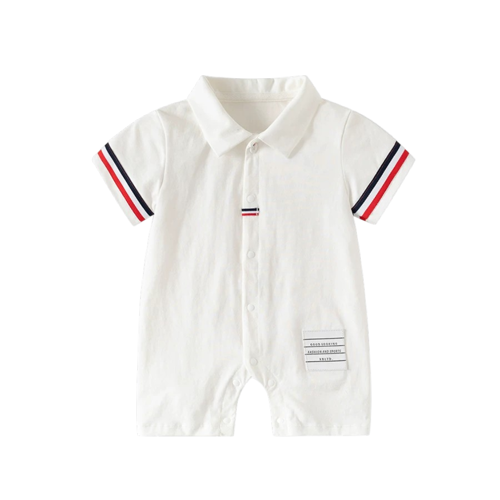 White Stripe-Trim Polo Baby Romper
