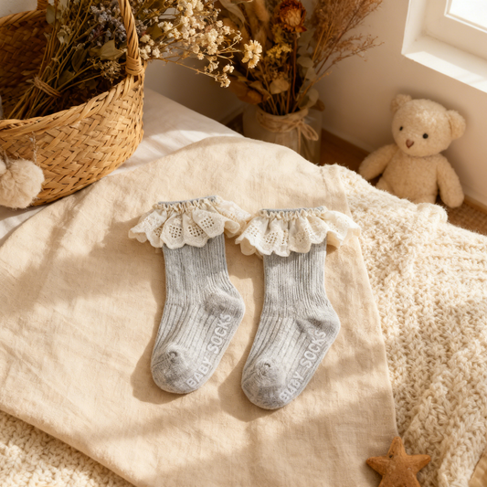Pair of gray baby socks with lace trim on a soft surface with decorative elements.