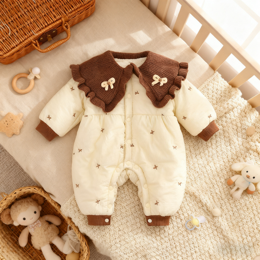 Baby romper with brown collar and cuffs on a crib with toys around
