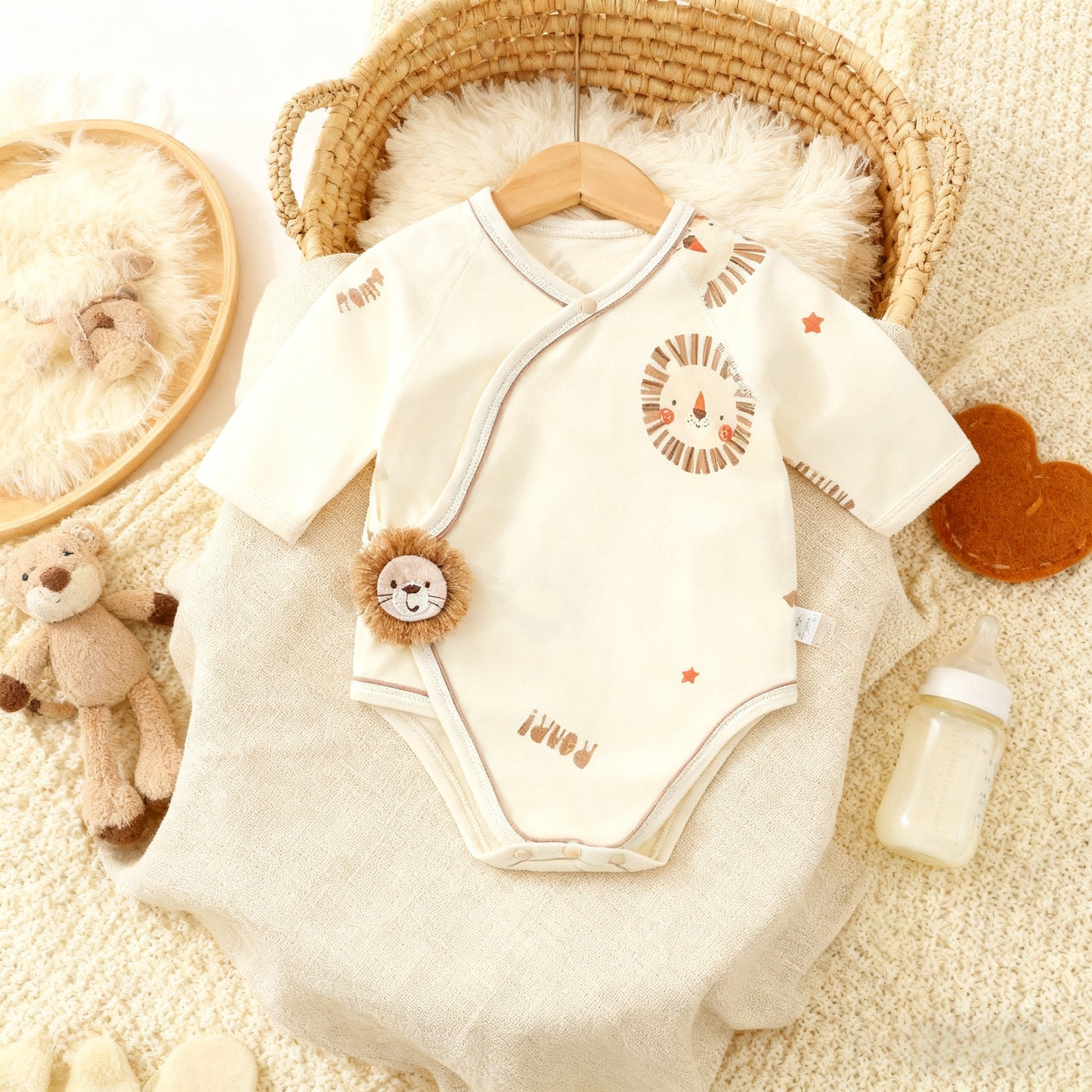 Baby onesie with lion design on a textured surface with toys and a basket.