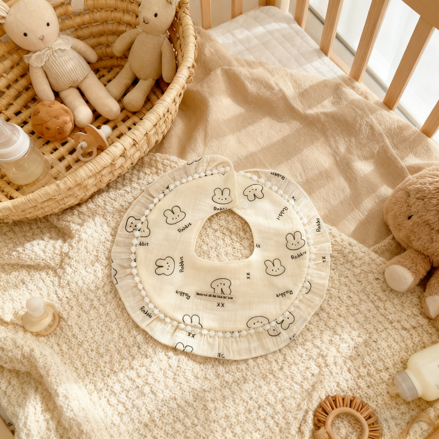 Baby bib with cartoon designs on a soft blanket with toys and bottles in a crib.