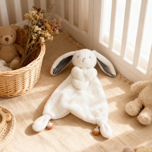 White plush bunny toy with zebra-striped ears on a wooden floor with teddy bears and a basket in the background.