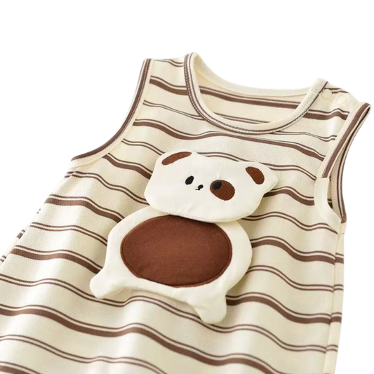 Simple Stripe Puppy Sleeveless Baby Romper on a white background, view 2
