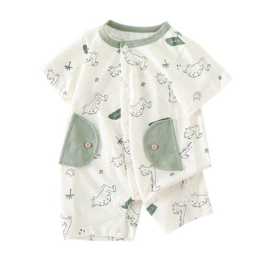 Sage Green Dinosaur Baby Romper on a white background, view 2