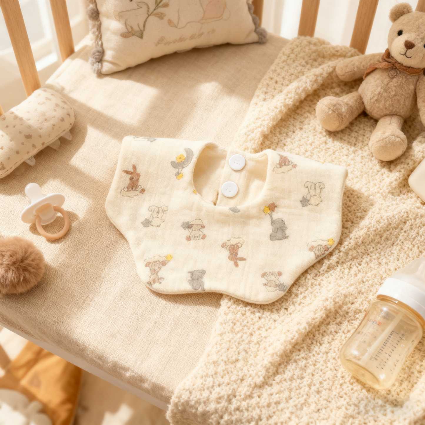 Baby bib with animal pattern on a crib with toys and bottle