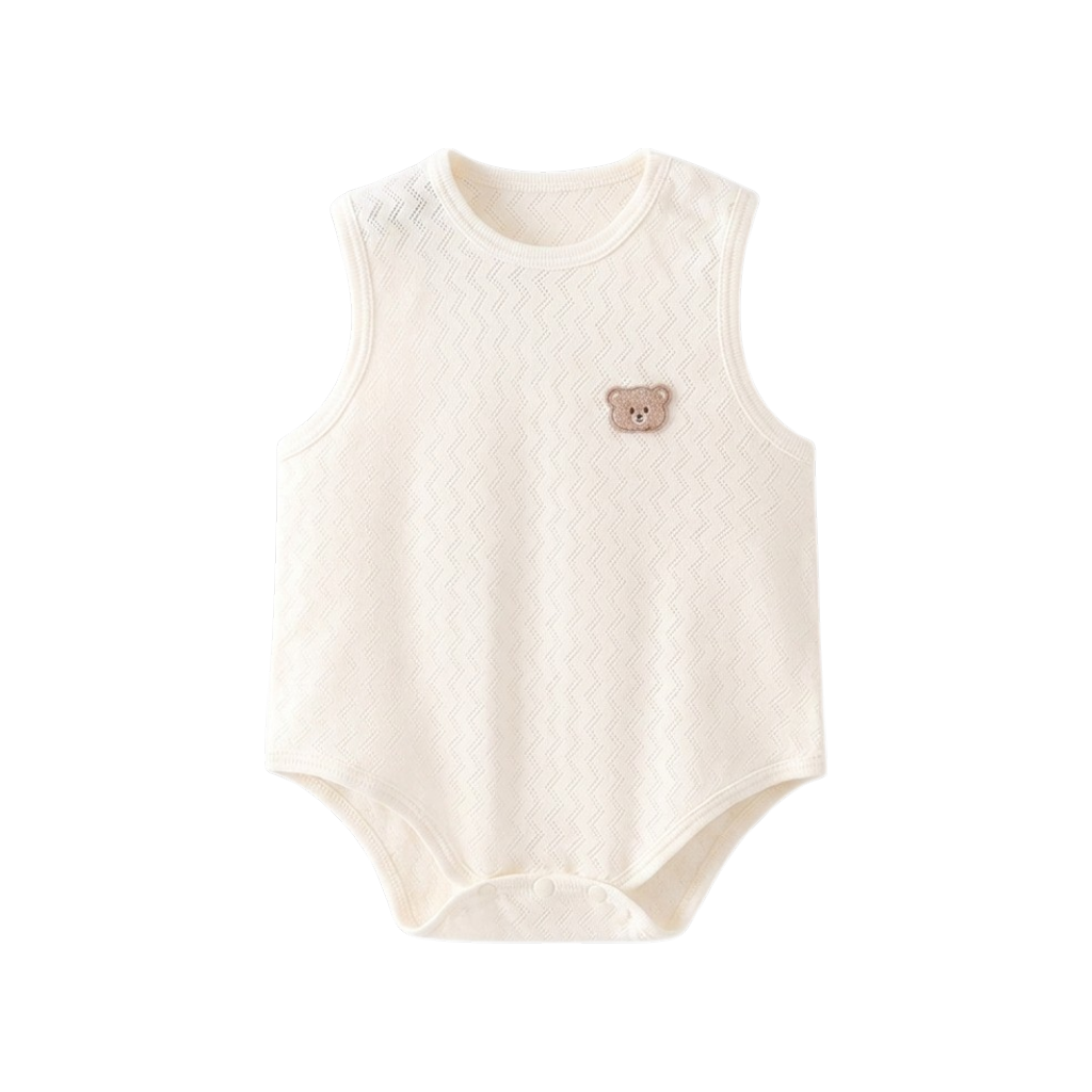 Bear Cream Sleeveless Baby Bodysuit for a summer stroller walk outfit guide