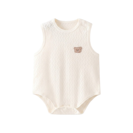 Bear Cream Sleeveless Baby Bodysuit for a summer stroller walk outfit guide