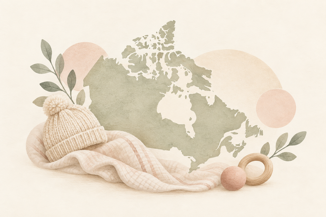 Decorative Canada map with a knitted hat, blanket and wooden ring
