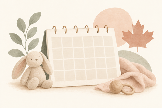 Soft calendar illustration with subtle Canadian and newborn-themed shapes