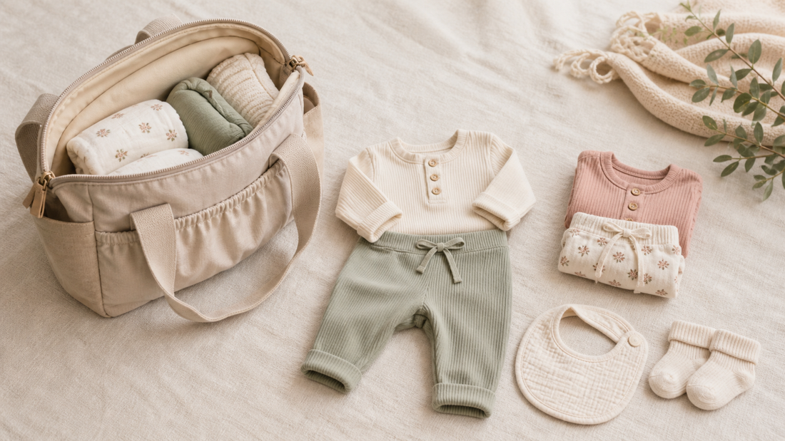 Neutral diaper bag with two folded baby outfits, a bib, and socks for a practical backup outfit guide