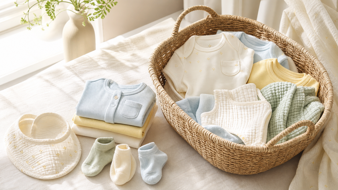 Sunlit basket of lightweight baby clothes, bibs, and socks for a summer laundry routine guide