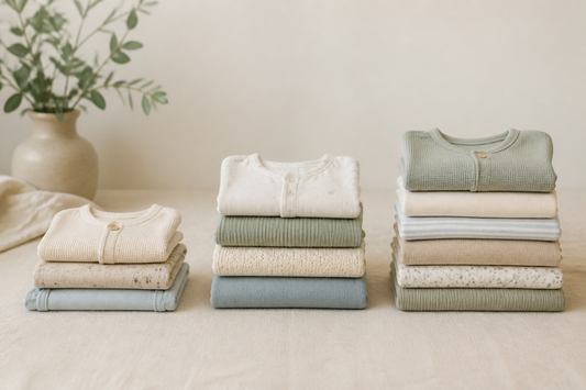Folded baby clothes arranged in three size groups on a neutral tabletop