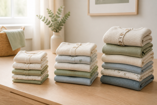 Three stacks of folded baby clothes organized by size in a calm home setting