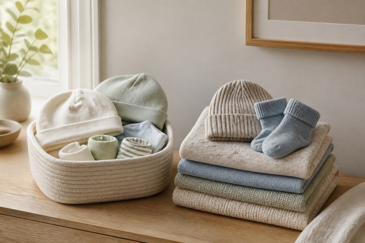 Baby hats and socks arranged in two seasonal storage groups