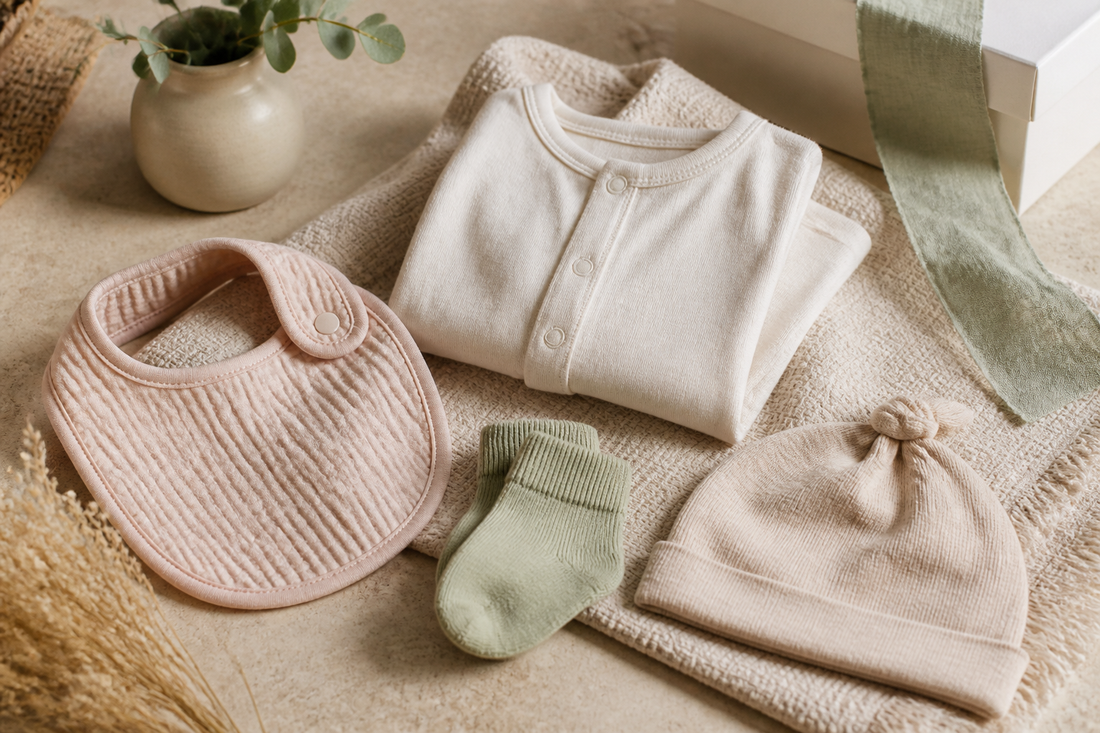 Neutral baby clothing gift assortment with a bib, socks, hat, and folded one-piece
