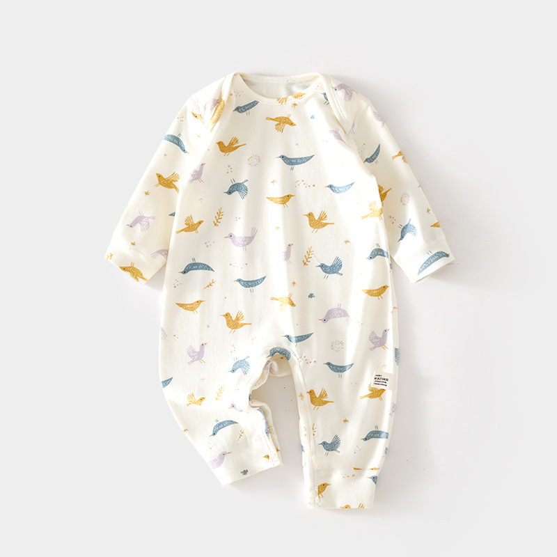 Cream Fairy-Tale Bird Long-Sleeve Baby Romper