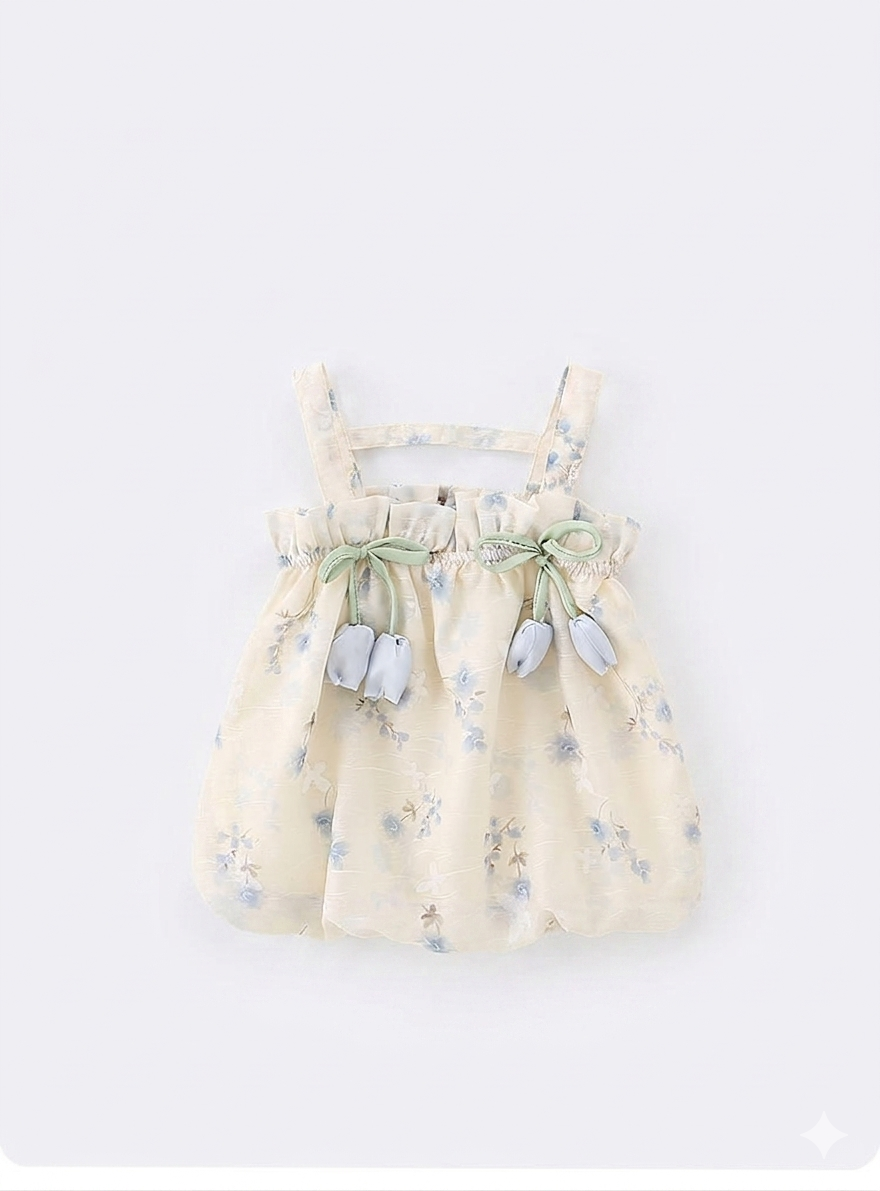 Cream Blue-Floral Bow Baby Dress