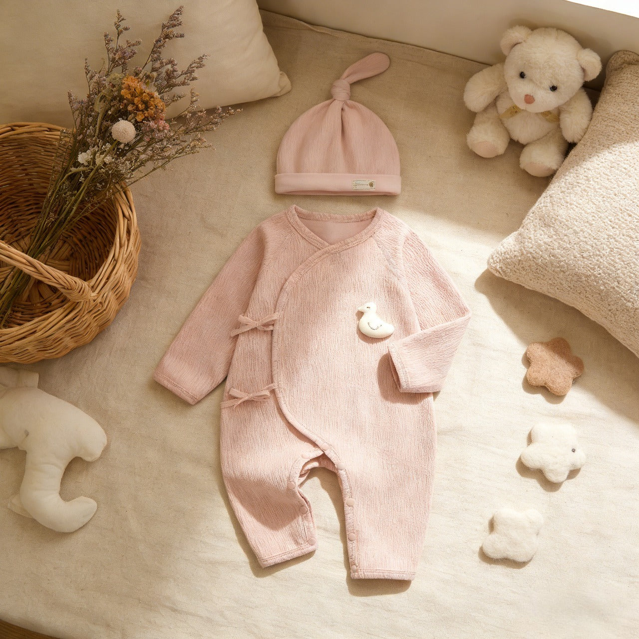 Pink Duck Long Sleeve Baby Bodysuit Set