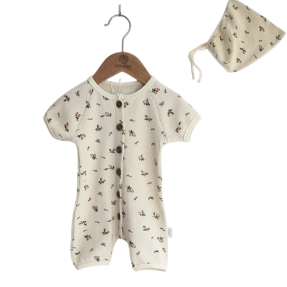 Cream Floral Baby Romper & Hat Set