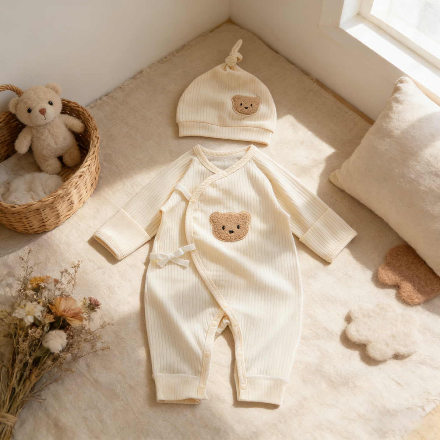 Cream Yellow Bear Baby Bodysuit Set