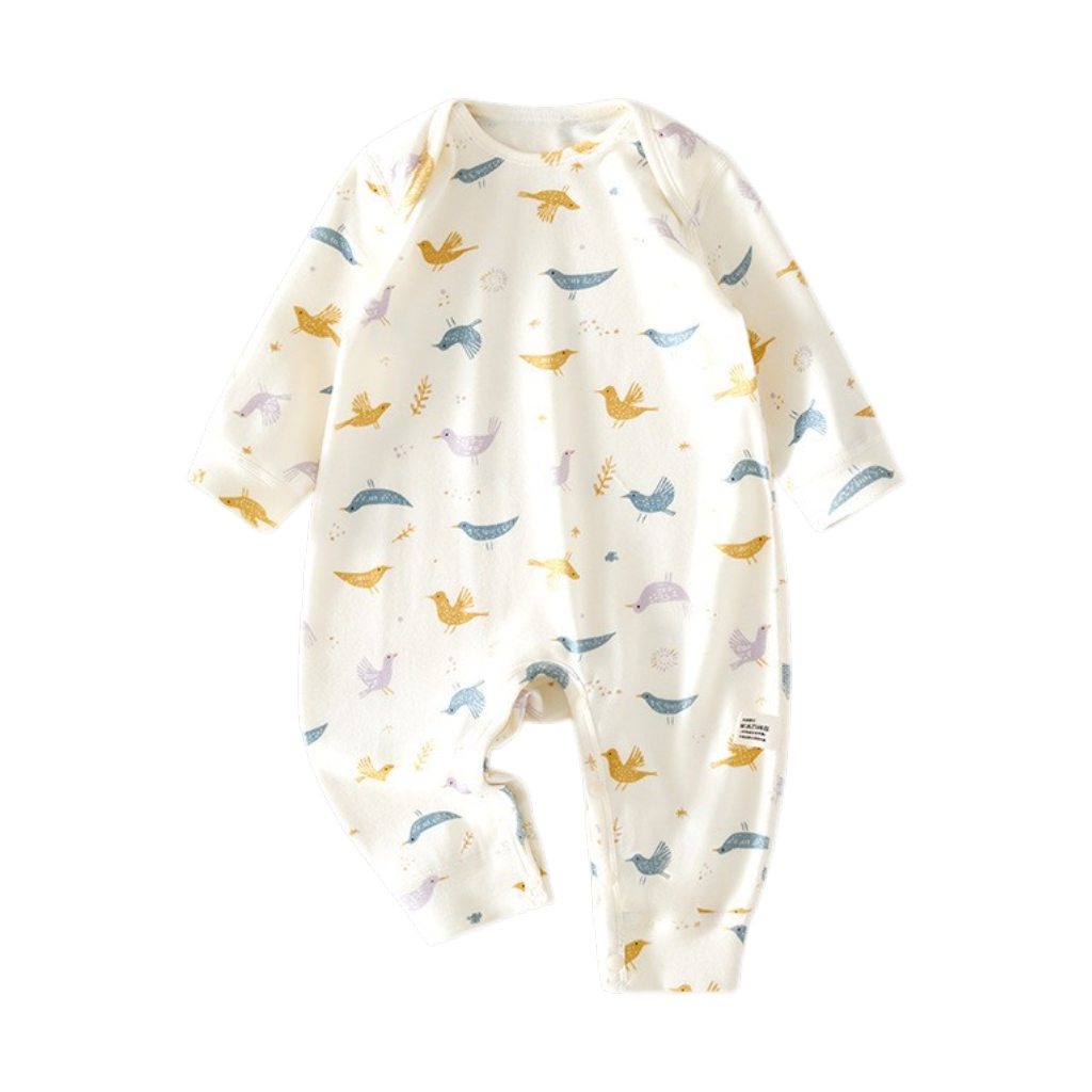 Cream Fairy-Tale Bird Long-Sleeve Baby Romper