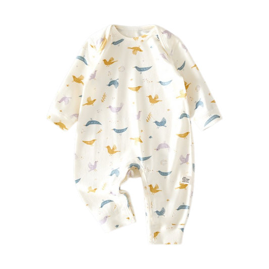 Cream Fairy-Tale Bird Long-Sleeve Baby Romper