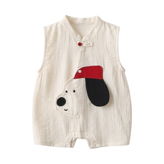 Cream Puppy Cotton Gauze Sleeveless Baby Outfit