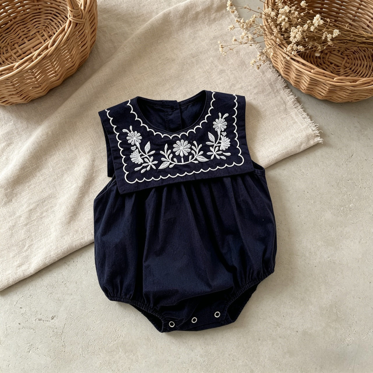 Navy Blue Embroidered Nautical Baby Bodysuit