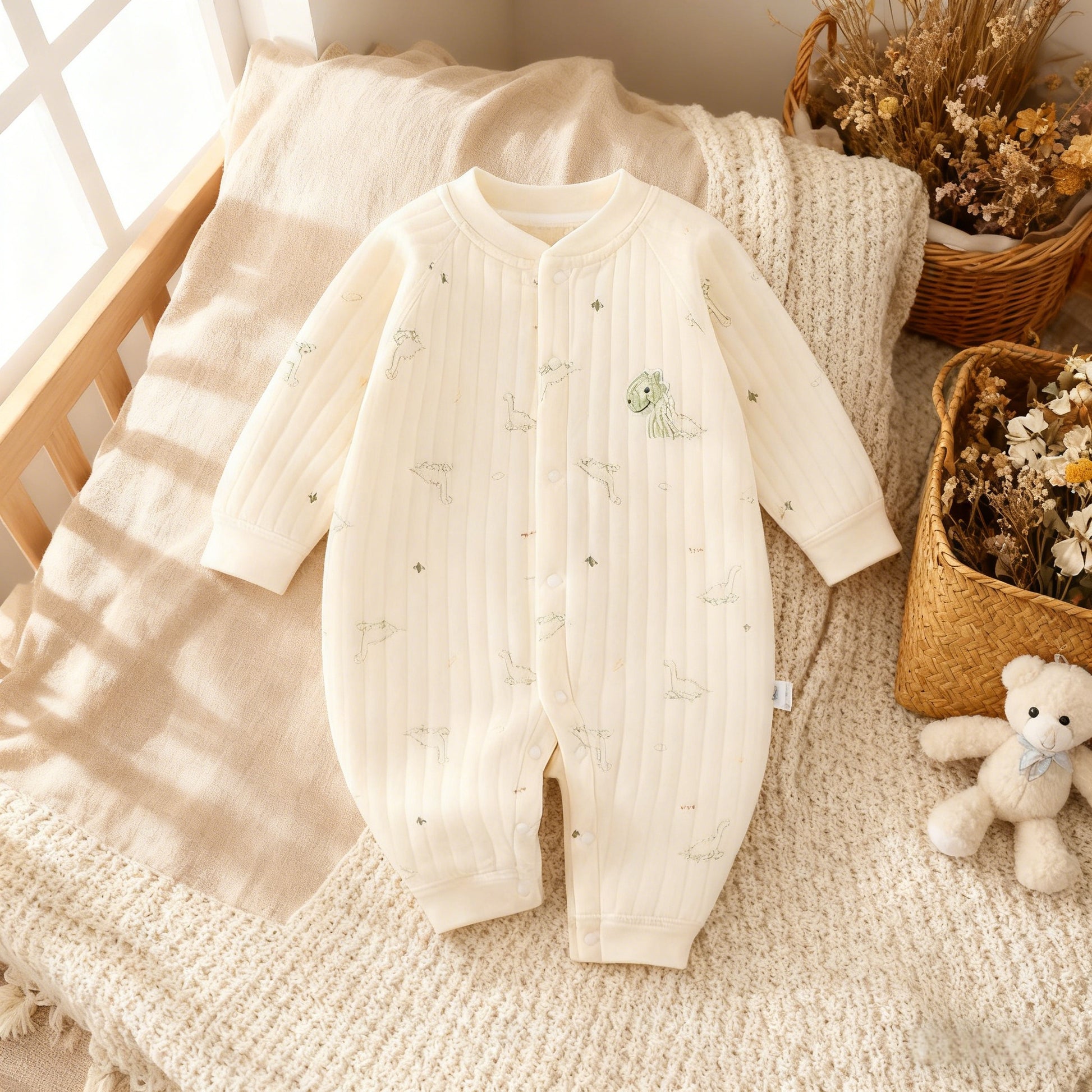 White baby onesie on a textured surface with a teddy bear and plants in the background
