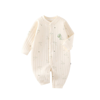 Baby onesie with long sleeves and legs on a white background