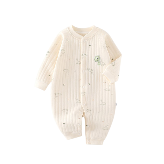 Baby onesie with long sleeves and legs on a white background