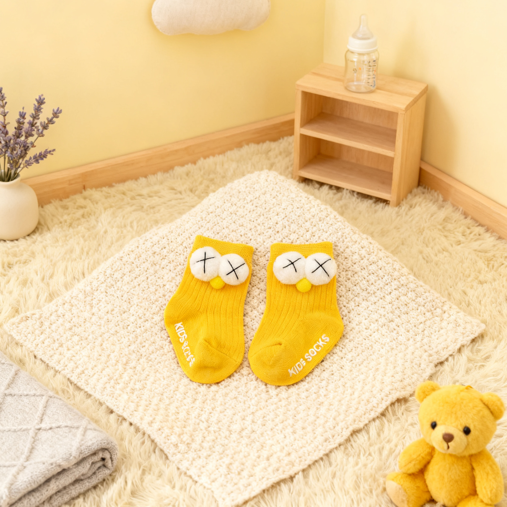 Yellow baby socks with cartoon face design on a textured blanket in a nursery setting.