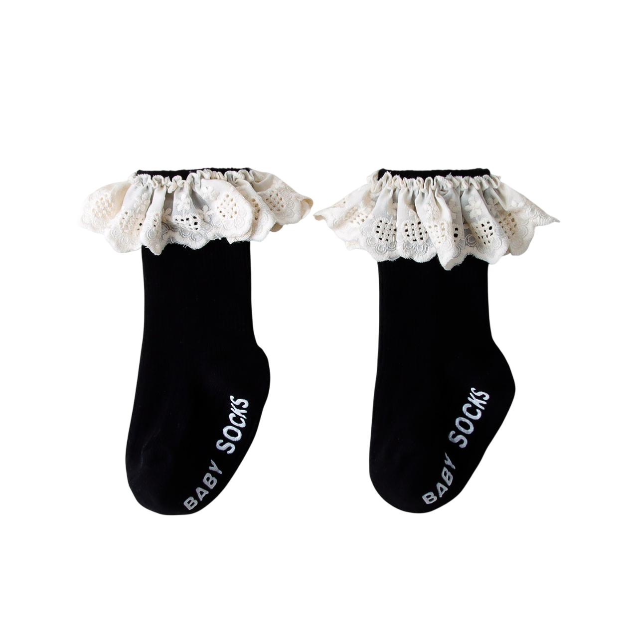 Pair of black baby socks with white lace trim on a white background