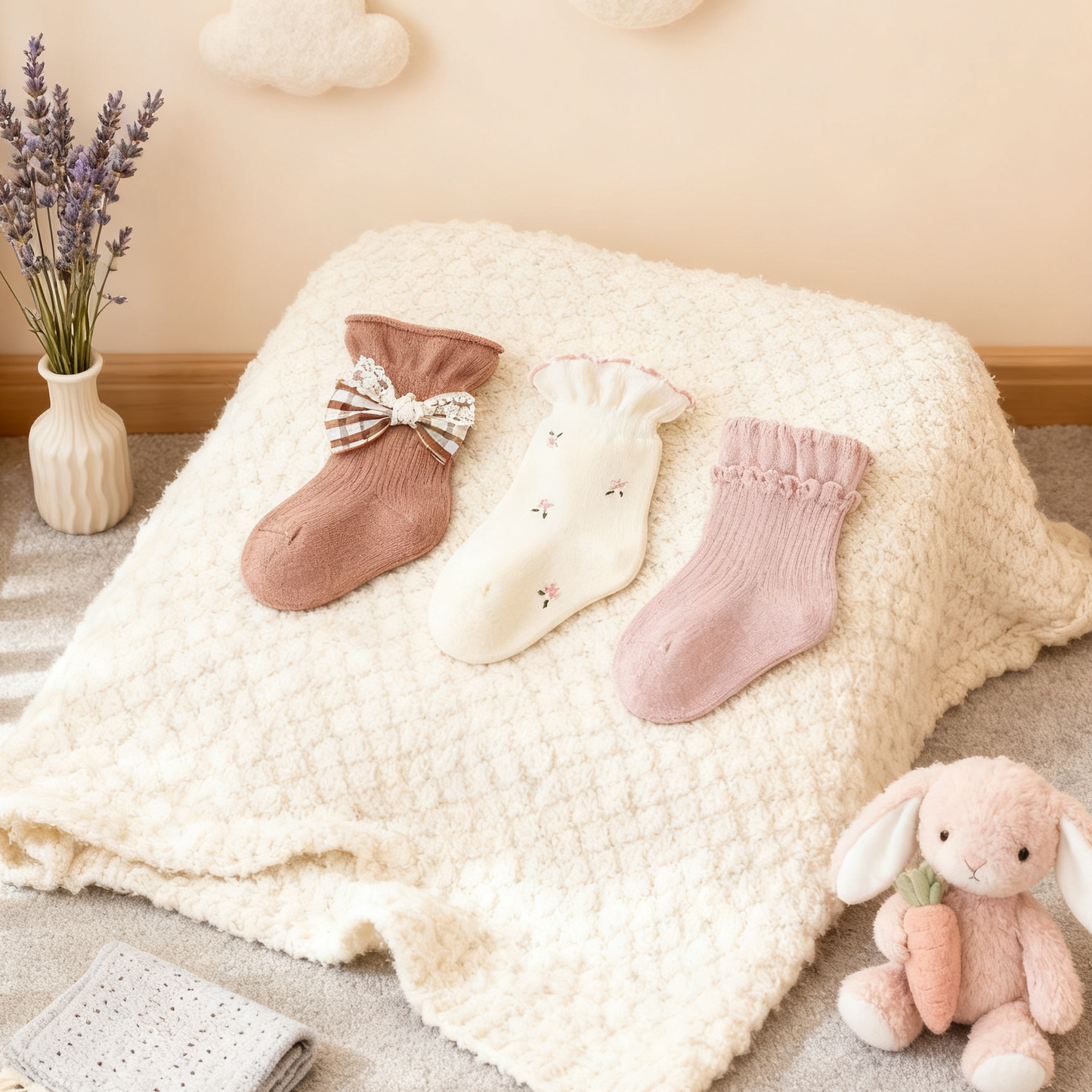 Three baby socks with decorative elements on a soft blanket, accompanied by a plush bunny toy.