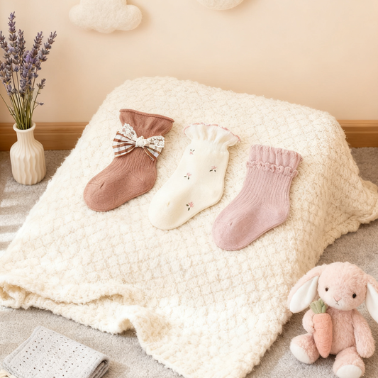 Three baby socks with decorative elements on a soft blanket, accompanied by a plush bunny toy.