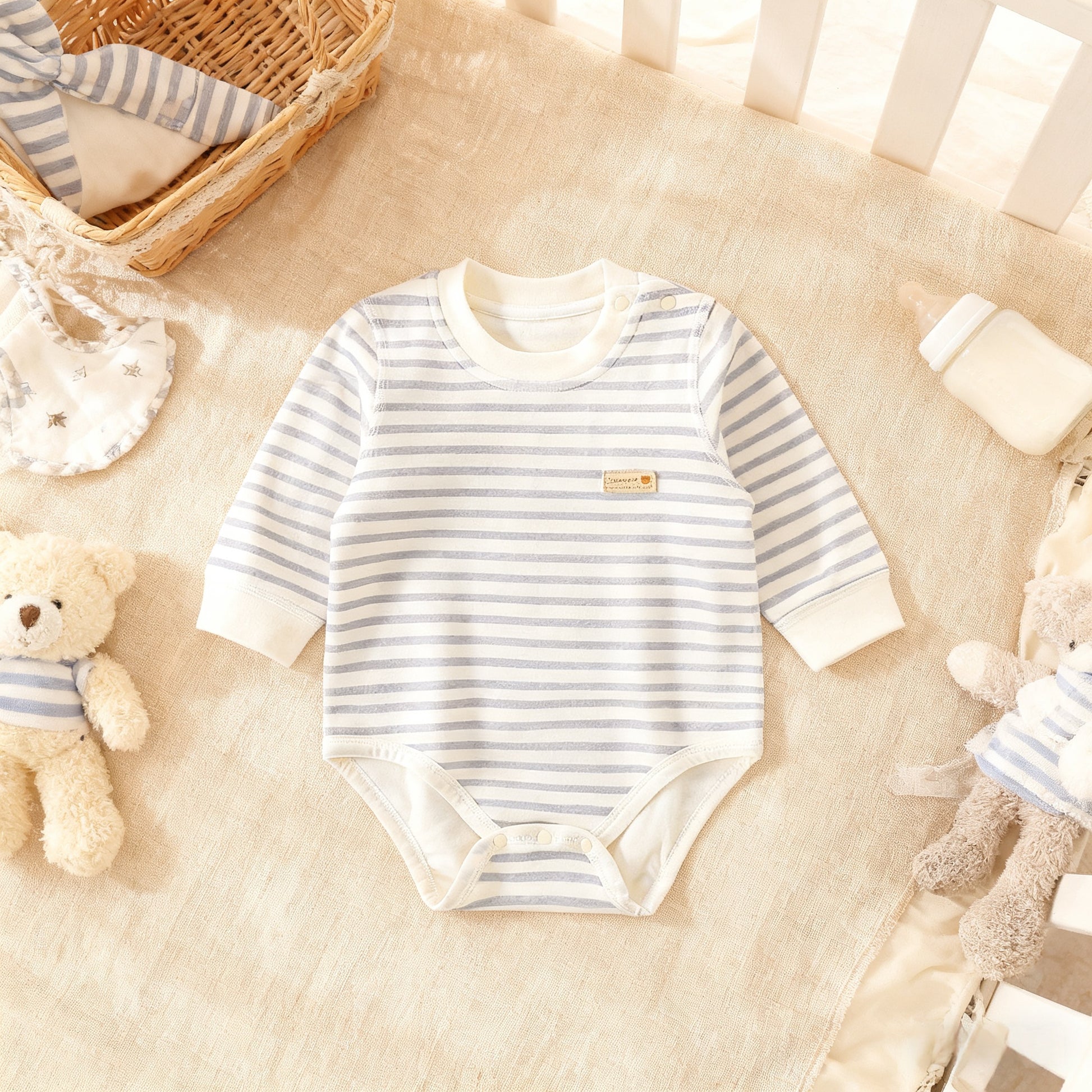 Striped baby onesie on a soft surface with toys around