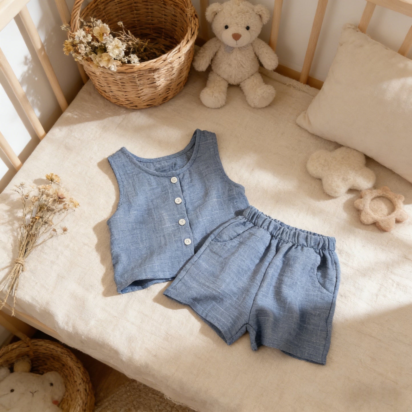 Blue children's outfit on a crib with teddy bear and toys