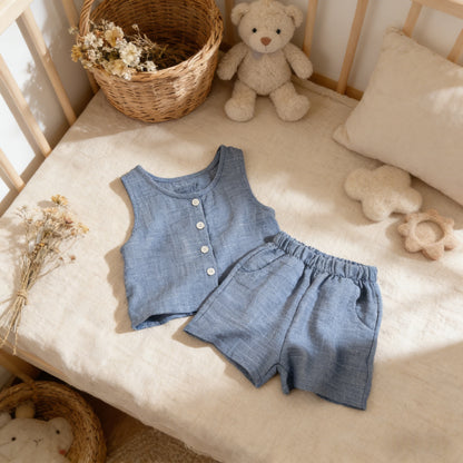 Blue children's outfit on a crib with teddy bear and toys