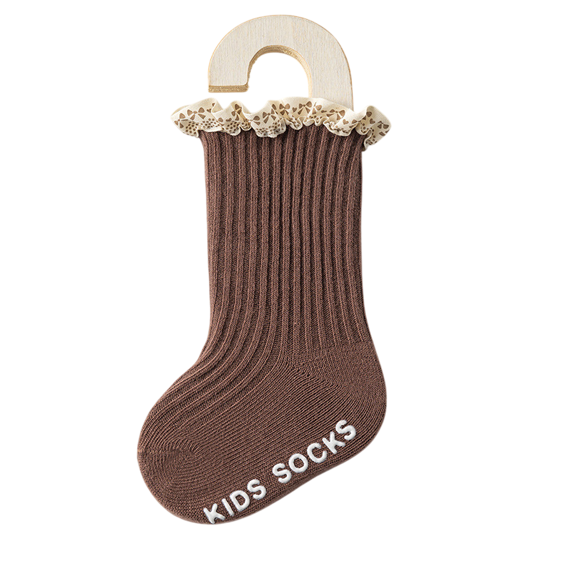 Brown kids sock with lace trim on a white background