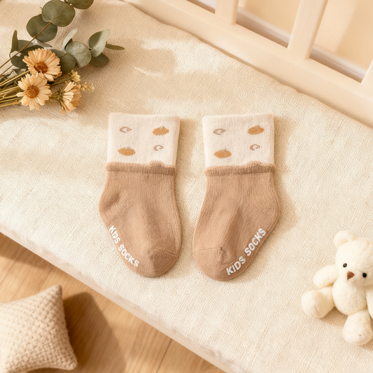 Pair of beige socks with white accents on a soft surface with flowers and a teddy bear.