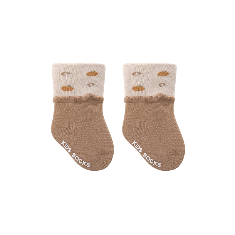 Two pairs of kids' socks with beige tops and brown cuffs on a white background.