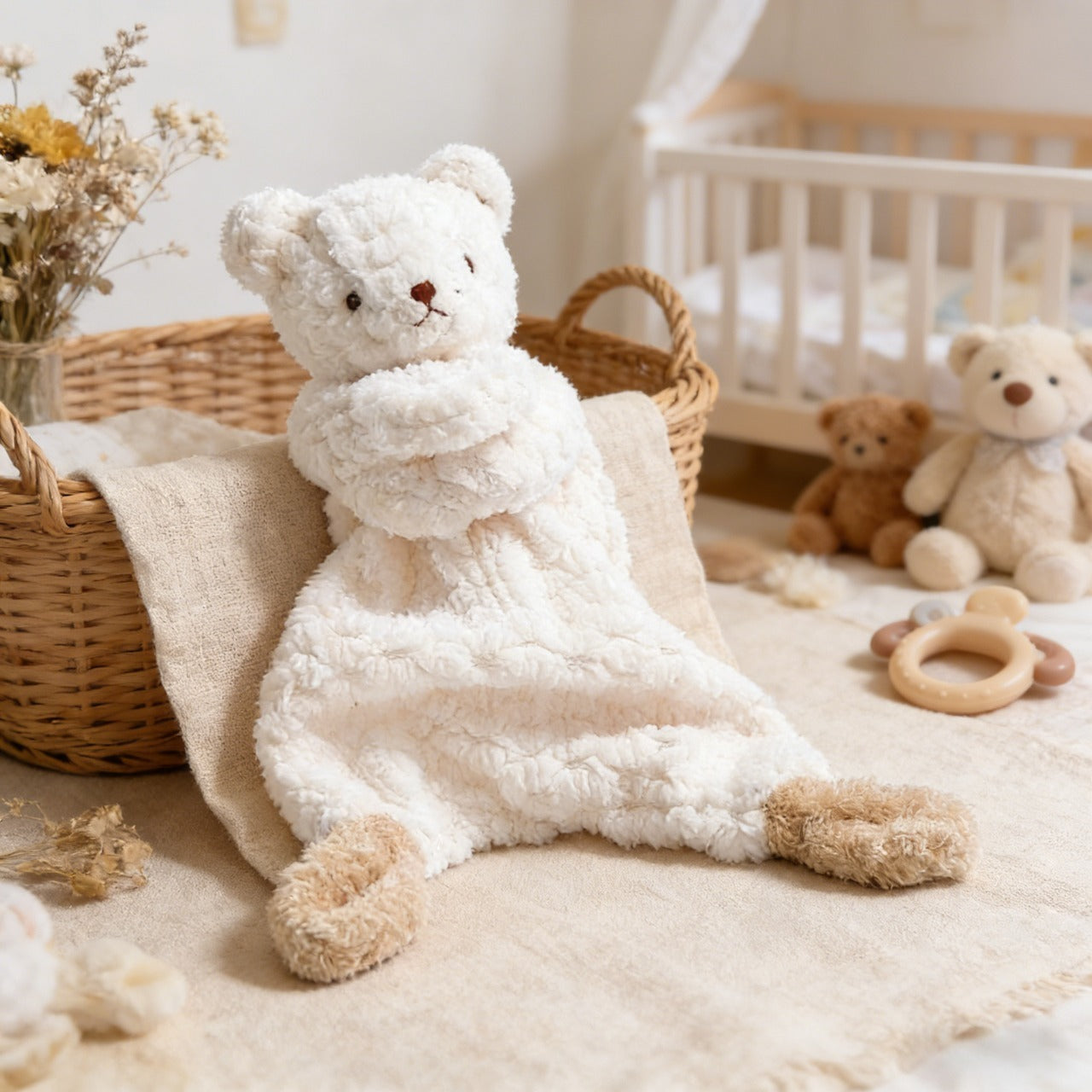 White teddy bear sitting on a soft surface with a crib and other toys in the background